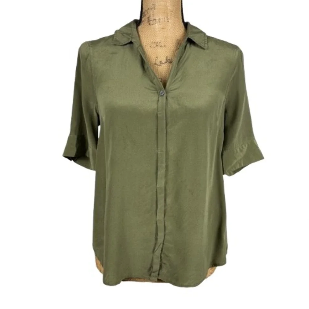 J. Crew Silk Short Sleeve Button‎ Up Shirt Olive Green Quiet Luxury Size MP
